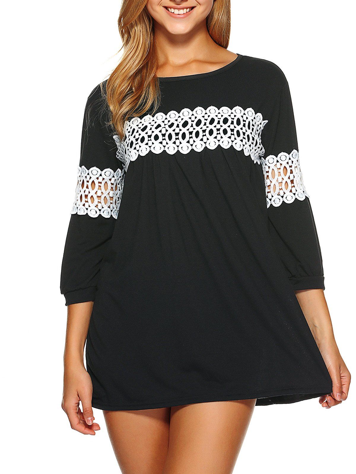 

Lace Insert Loose-Fitting Mini Dress, Black