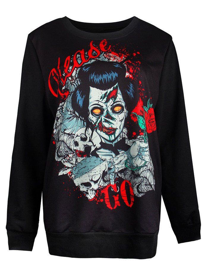 

Ghost Print Pullover Loose Sweatshirt, Black