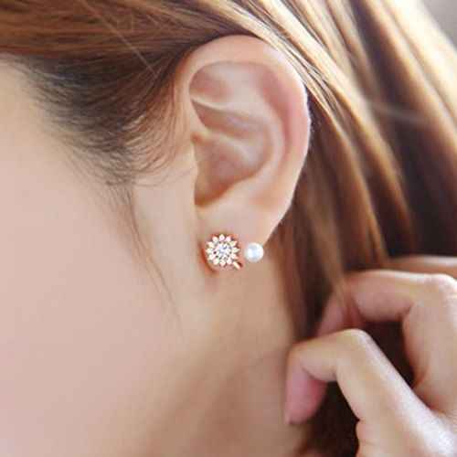 

Faux Pearl Rhinestone Clip Earrings, Golden
