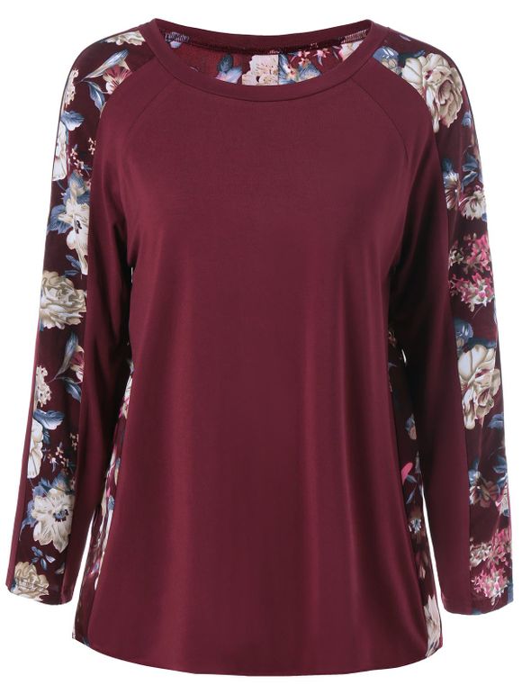 T-shirt empiècements florals avec manches Raglan - Rouge vineux XL