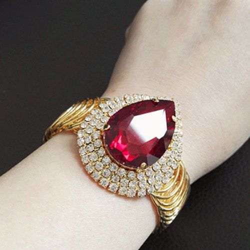 Bracelet plaqué à strass rubis faux style goutte d'eau - d'or 