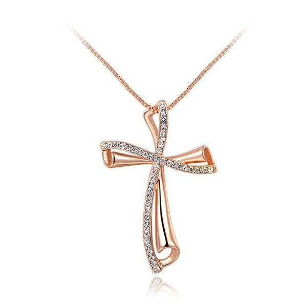 

Fake Crystal Oblique Cross Pendant Necklace, Rose gold