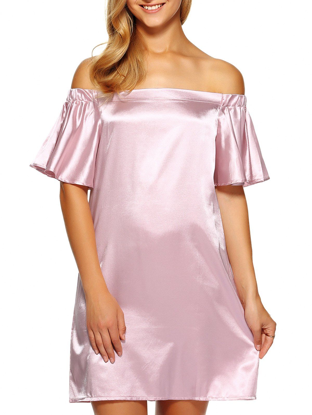 

Off Shoulder Flounce Mini Satin Cocktail Dress, Pink
