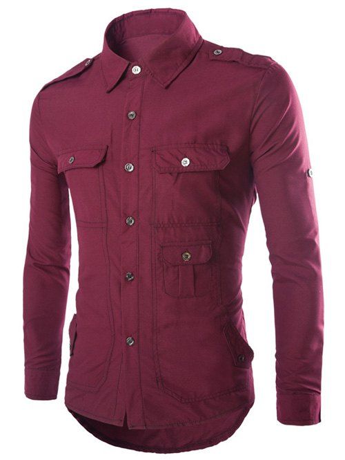 

Turn-Down Collar Long Sleeve Multi-Pocket Epaulet Design Shirt, Wine red