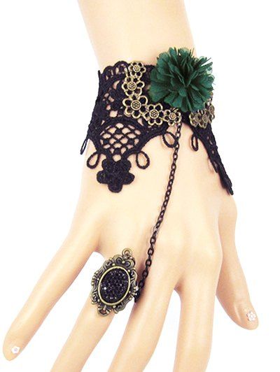 Bracelet Dentelle Fleur avec anneau - Noir 