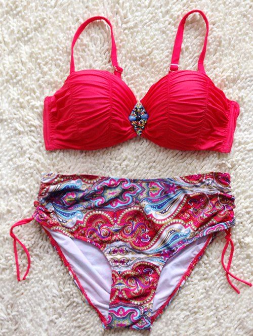 Perlé Tribal Design Imprimer froncé Bikini - Rouge XL