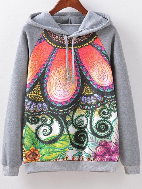 

Floral Print Hoodie, Gray