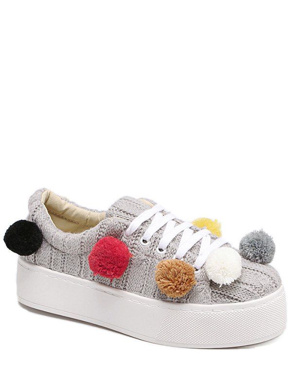 

Knitting Tie Up Pompoms Platform Shoes, Light gray