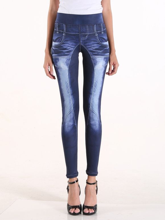 Faux Bleach Wash Jeans taille haute Leggings - Bleu Toile de Jean S