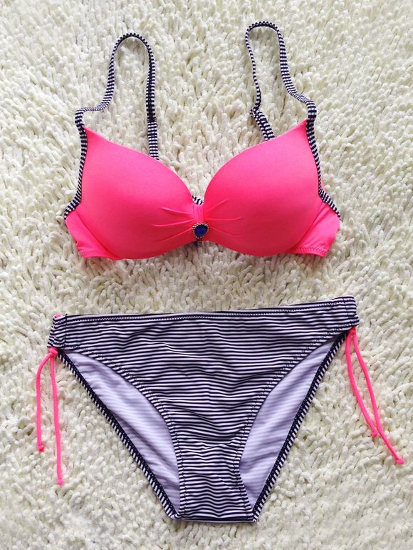Strass design rayé Spliced ​​Bikini - Rouge Rose M
