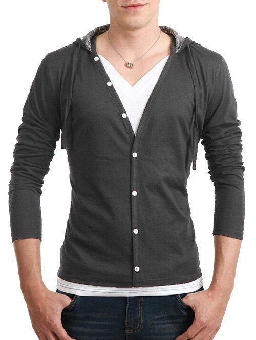

Drawstring Hooded Long Sleeve Button Up T-Shirt, Deep gray