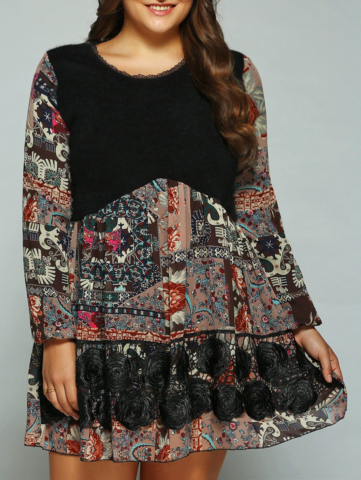 

Plus Size Printed Splicing Mini Dress, Black