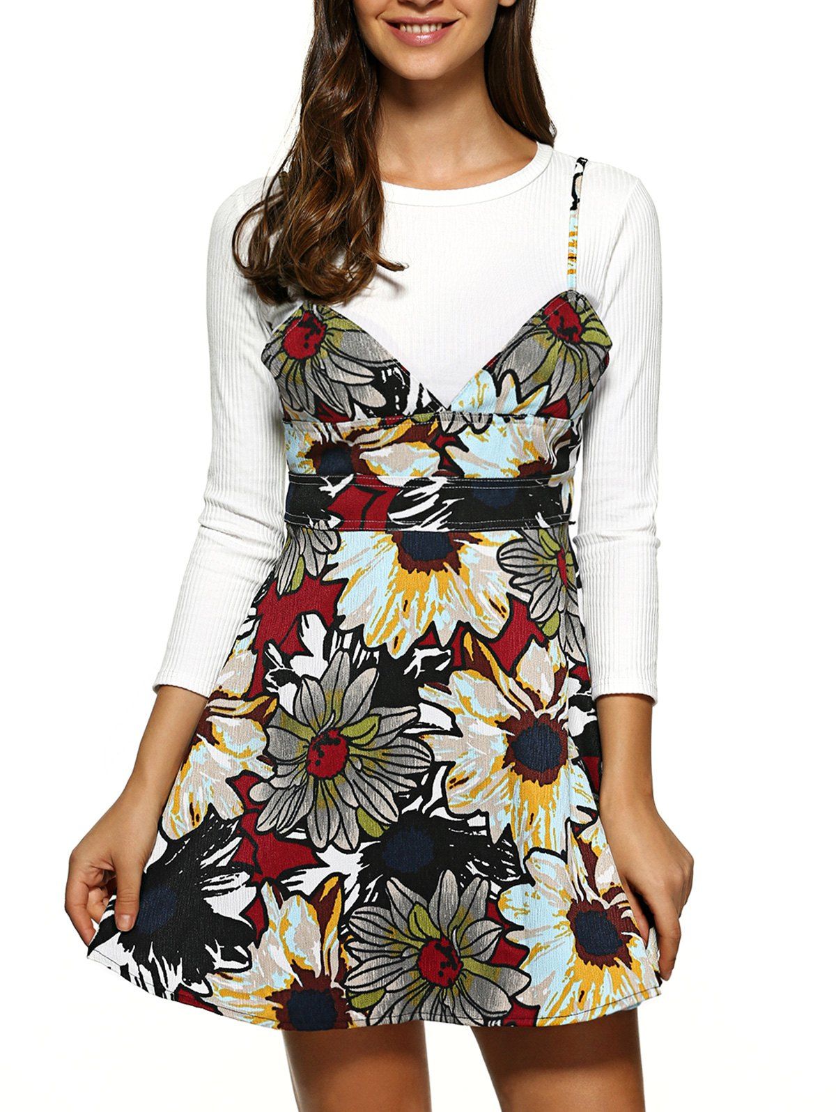 

Ribbed Knitwear + Cami Sunflower Print Dress Twinset, White