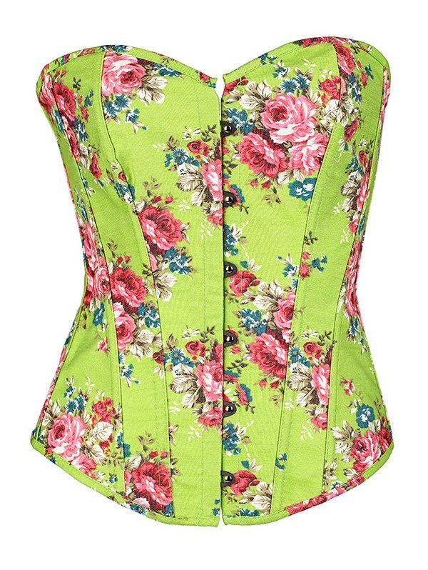 

Slim Floral Print Lace-Up Corset, Apple green