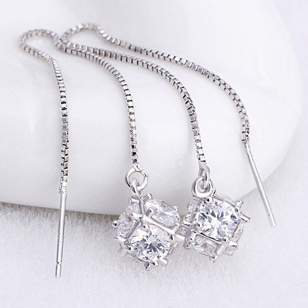 

Rhinestone Inlaid Cube Chain Earrings, Silver