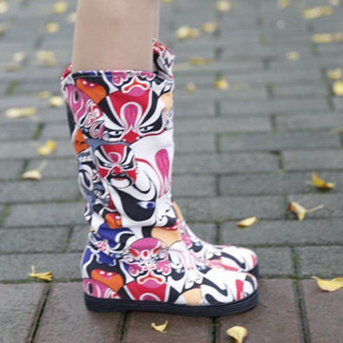

Canvas Opera Mask Print Mid-Calf Boots, Colormix