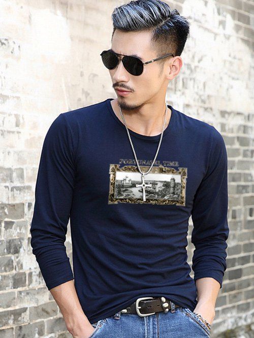 

Scenery Print Long Sleeve T-Shirt, Purplish blue
