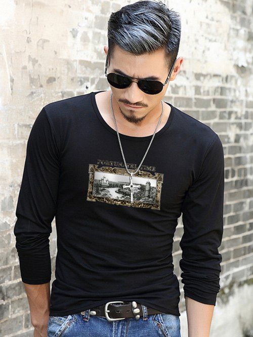 

Scenery Print Long Sleeve T-Shirt, Black