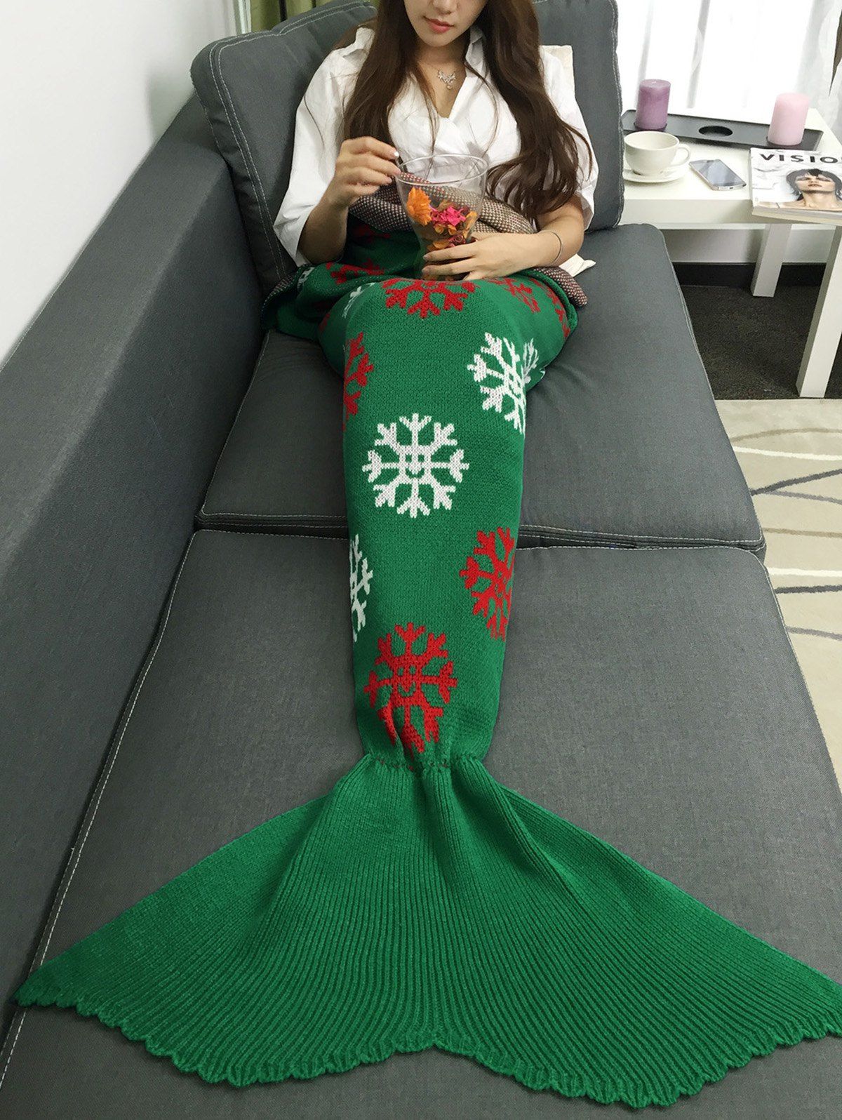 

Knitted Christmas Snows Design Mermaid Tail Blanket, Green