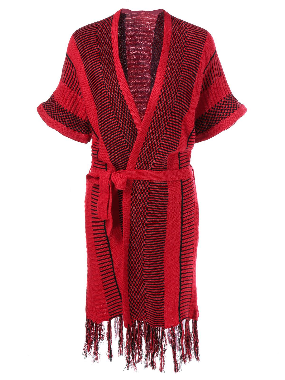 

Striped Fringed Knit Wrap Dress, Red