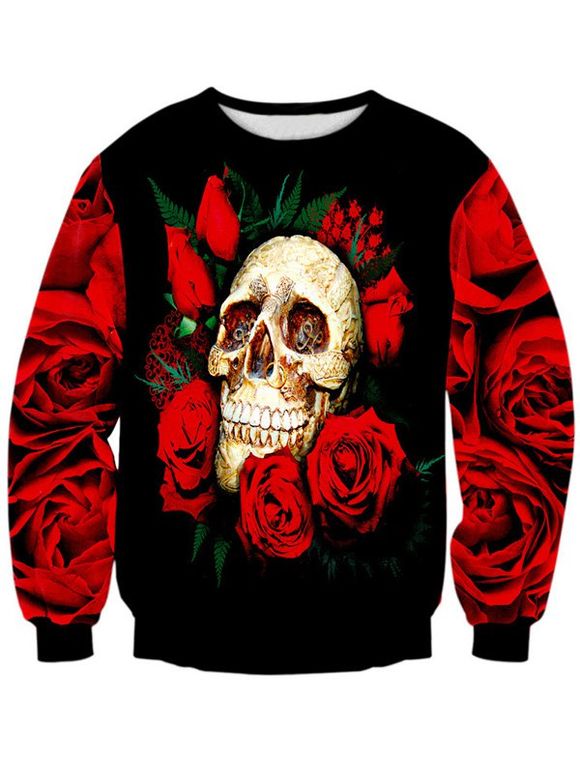 À manches longues ras du cou Rose Skull 3D Print Sweatshirt - Rouge / Noir L