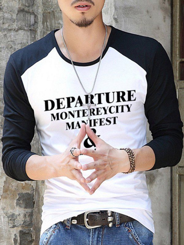 

Spliced Sleeve Letter Number Pattern T-Shirt, White and black