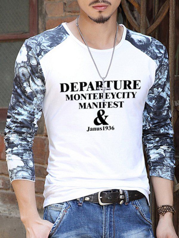 

Letter Number Pattern Floral Sleeve T-Shirt, White