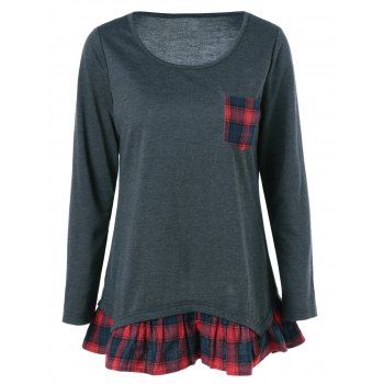 

Plaid Print Pocket Falbala Blouse, Black grey