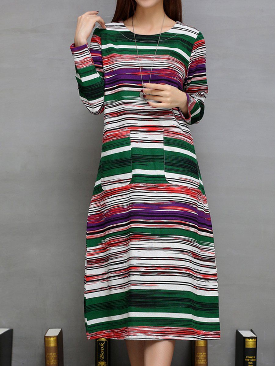 

Colorful Long Striped Print Double Pockets A-Line Dress, Green
