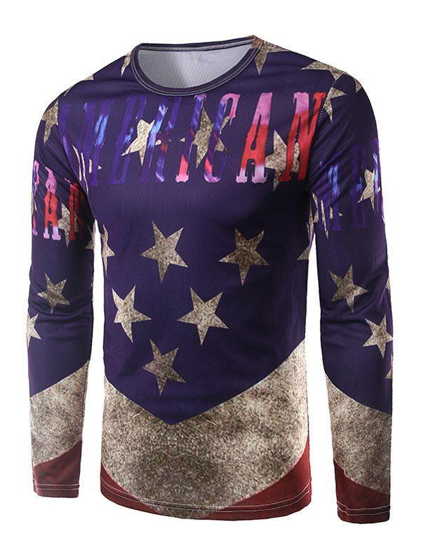 

Round Neck Five-Point Star Print T-Shirt, Purple