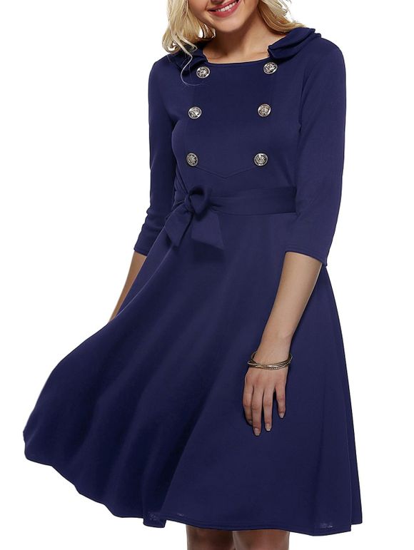 Vintage demi-manches Belted boutonnée Robe trapèze - Cadetblue L