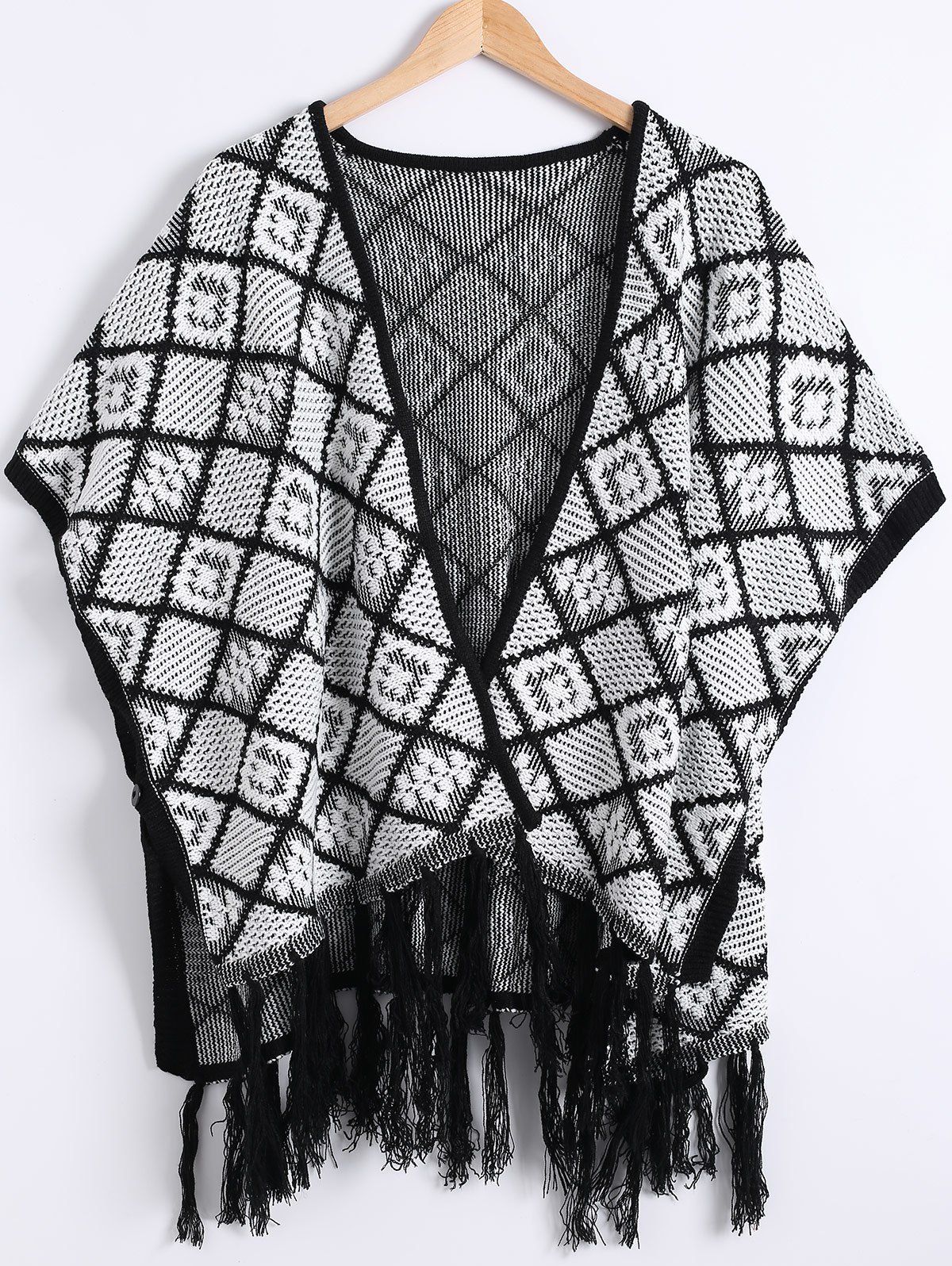 

Textured Fringed Plaid Cap Cardigan, Black
