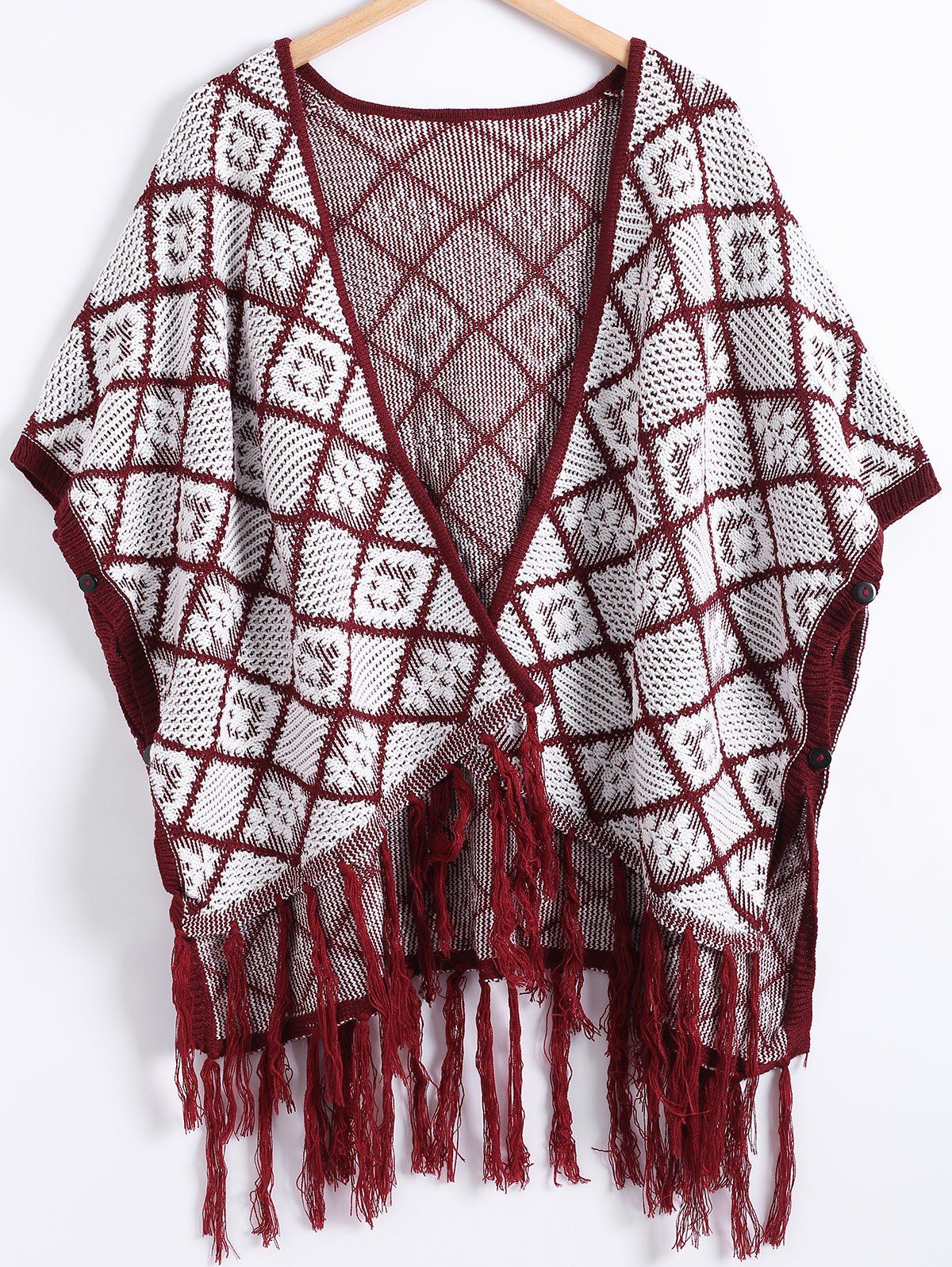 

Textured Fringed Plaid Cap Cardigan, Wine red