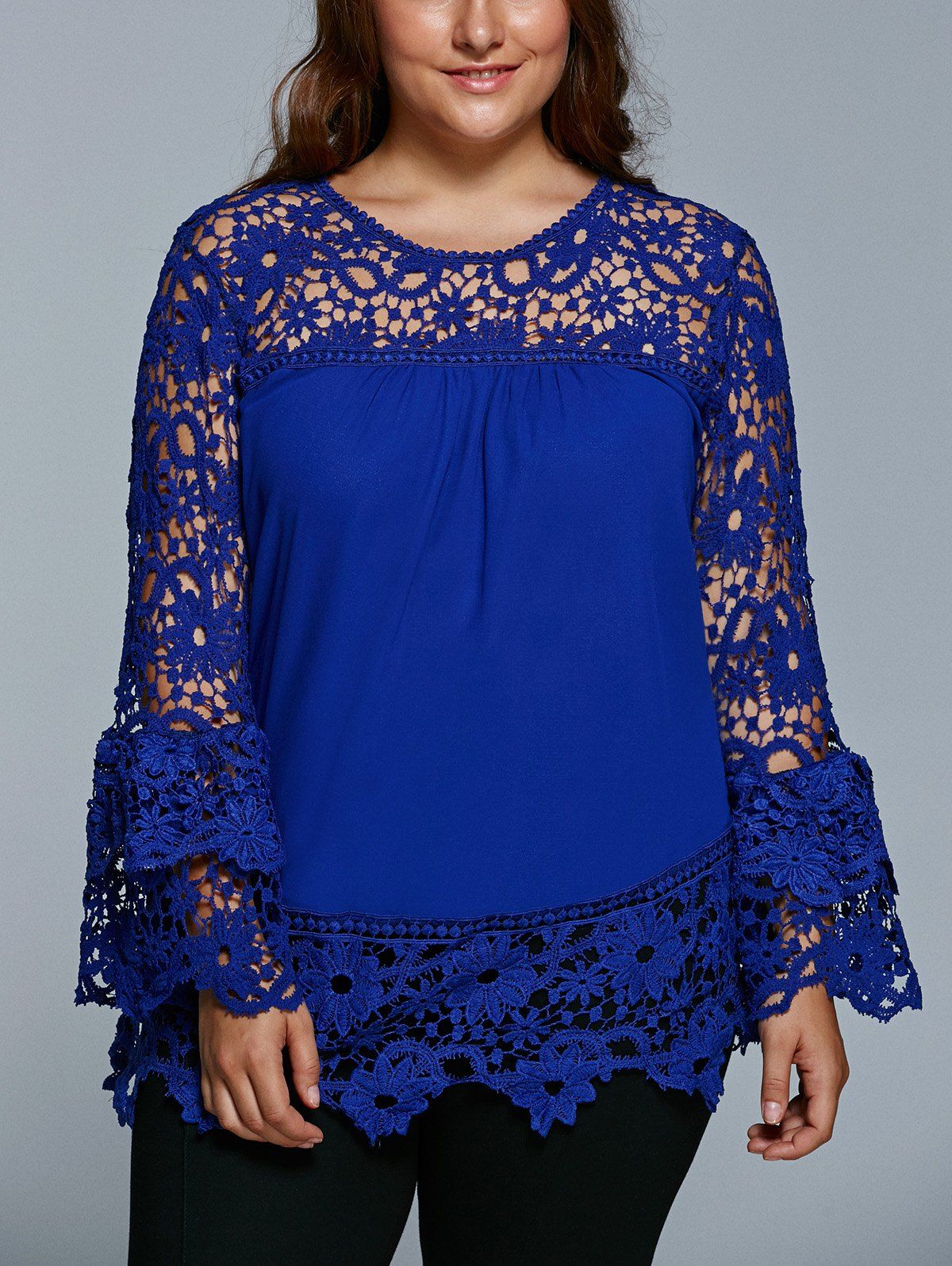 

Lace Spliced Hollow Out Plus Size Blouse, Sapphire blue