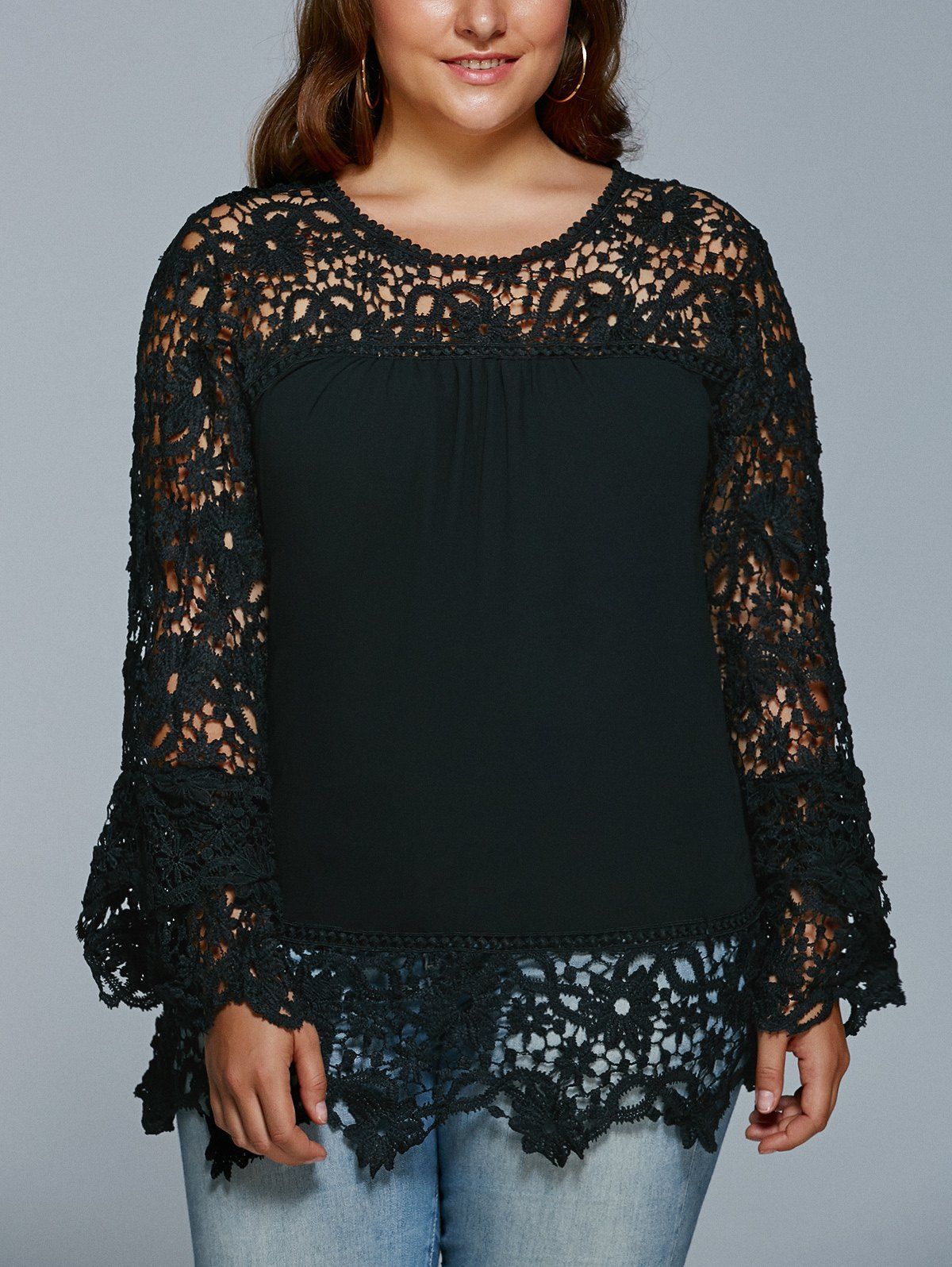 [17% OFF] 2021 Lace Spliced Hollow Out Plus Size Blouse In BLACK ...