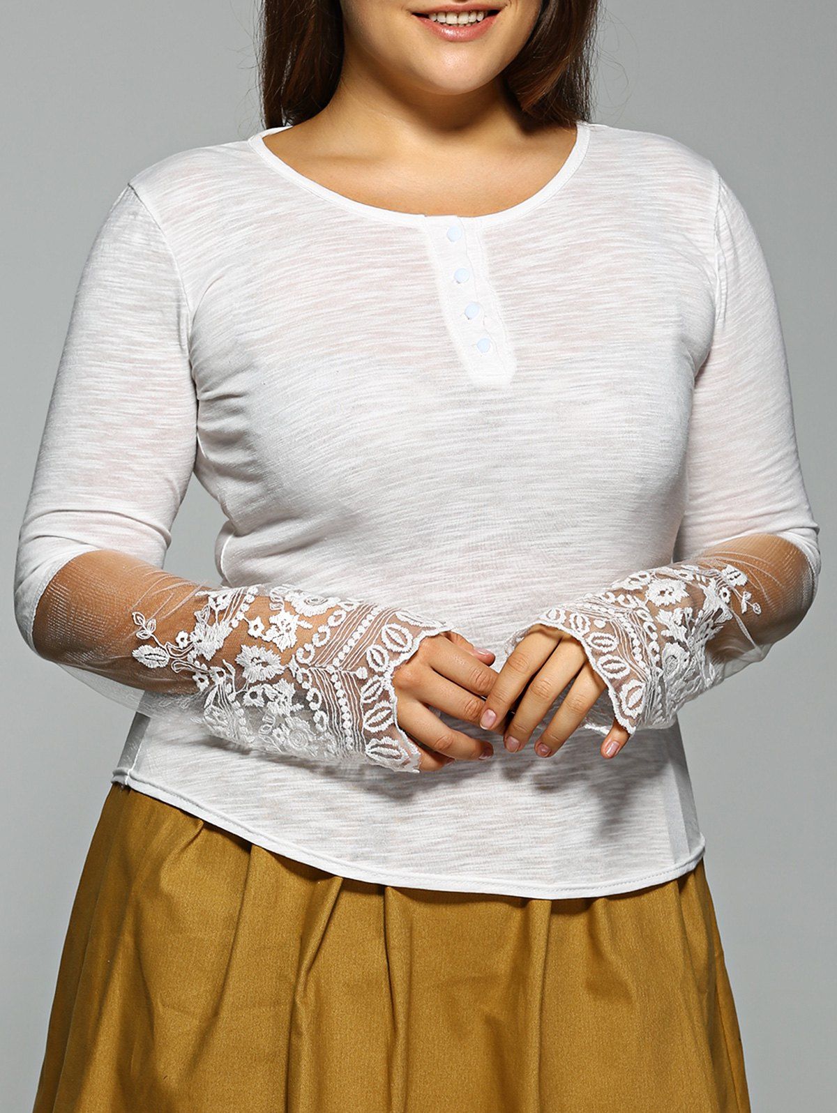 

Plus Size Long Sleeve Lace Inset T-Shirt, White