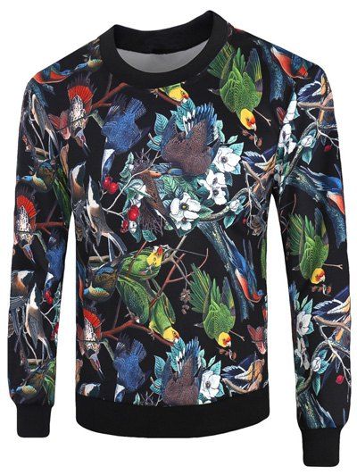 

Crew Neck Long Sleeve 3D Birds and Florals Print Sweatshirt, Black