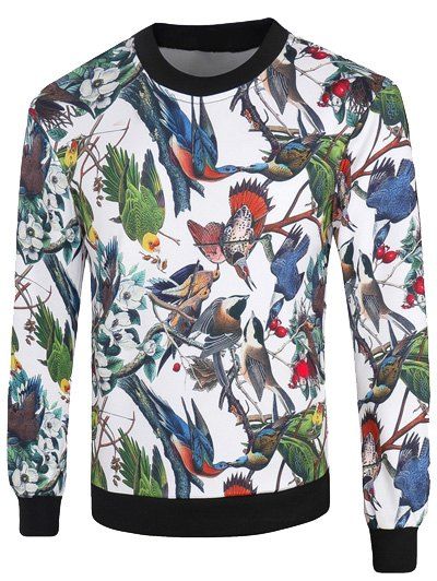 Ras du cou à manches longues Oiseaux 3D et Florals Sweatshirt Imprimer - Blanc XL