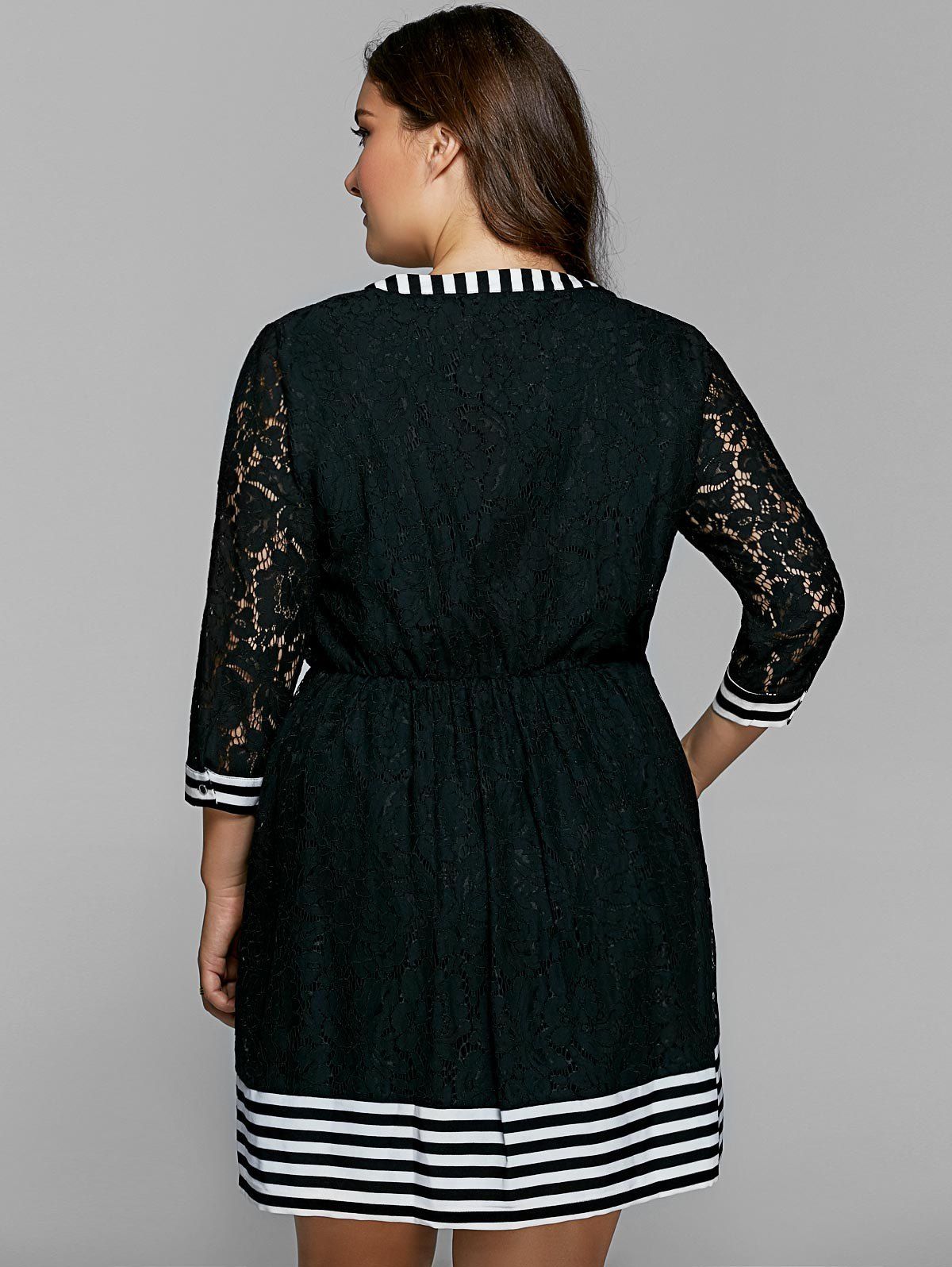 Striped Lace Trim Button Down Shirt Dress, BLACK, XL in Plus Size