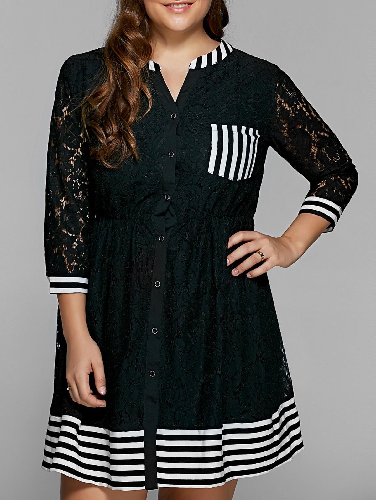 

Striped Lace Trim Button Down Shirt Dress, Black