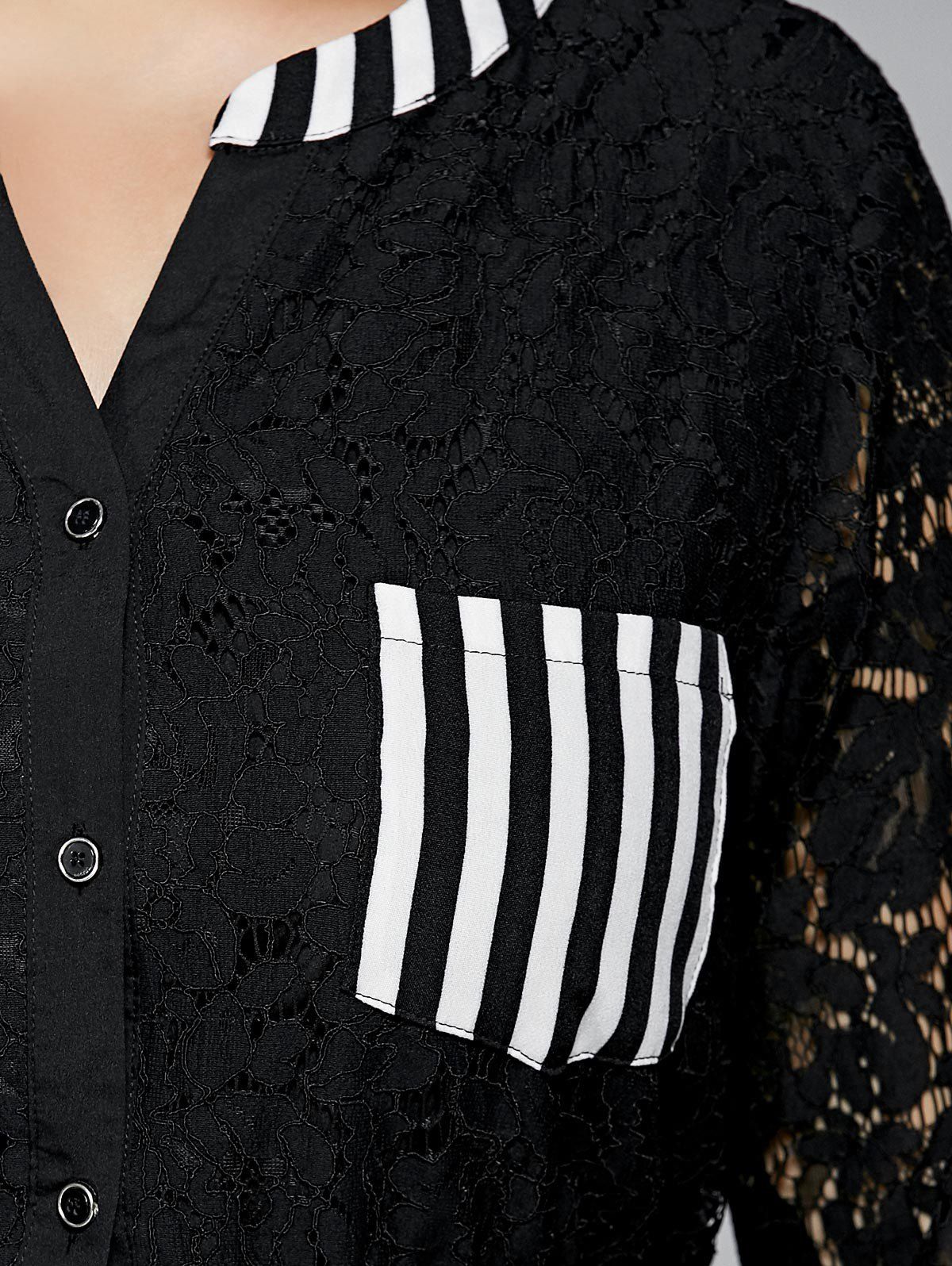 Striped Lace Trim Button Down Shirt Dress, BLACK, XL in Plus Size