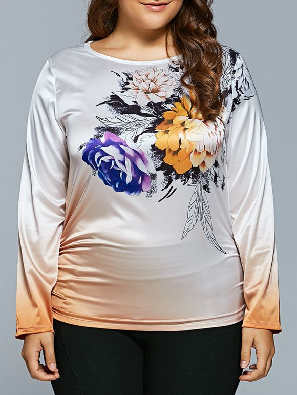 T-shirt imprimé en satin Ombre imprimé Flower Size Plus - Blanc 4XL