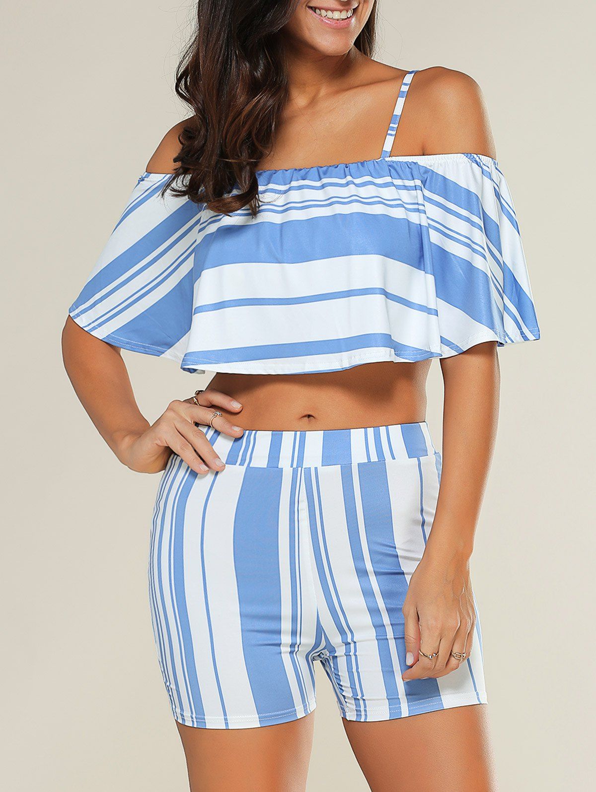 [41% OFF] 2021 Stripe Overlay Off Shoulder Cropped Top With Blue And ...