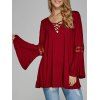 Openwork Bell Sleeve V Neck Blouse - WINE RED ONE SIZE