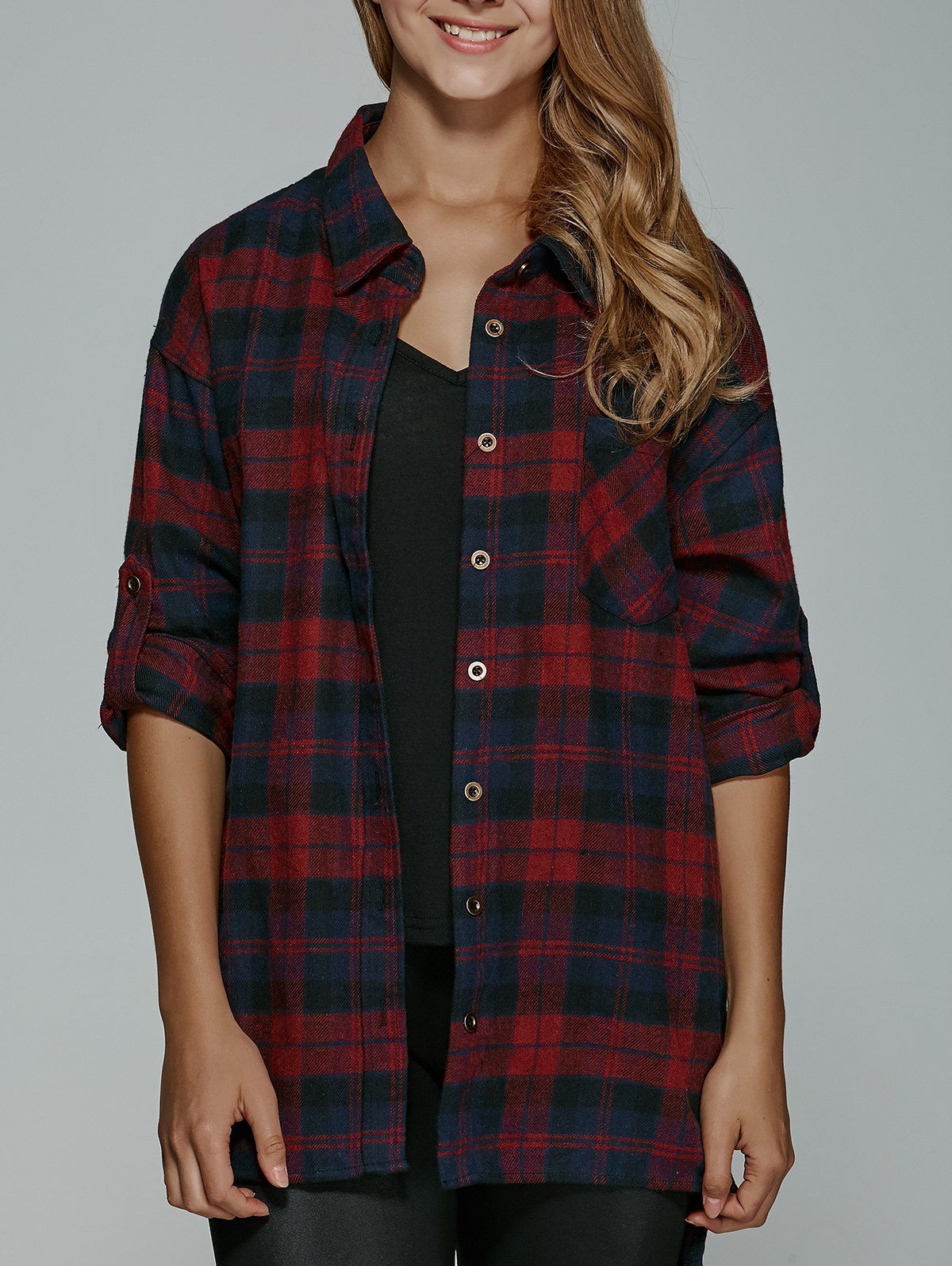 

Long Sleeve BF Style Plaid Tunic Shirt, Red