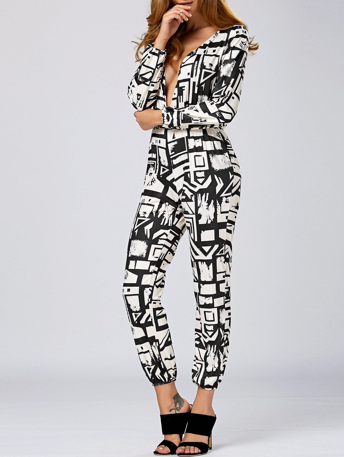 

Plunging Neck Geometric Print Jumpsuit, Black