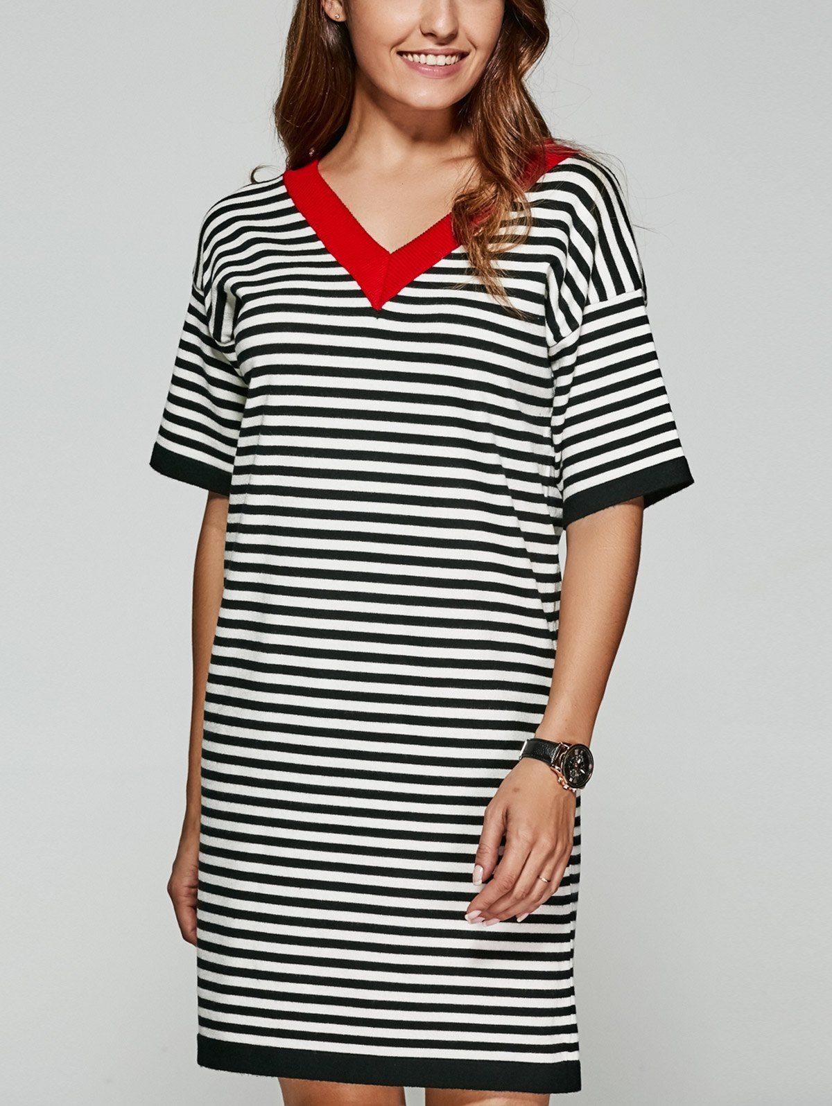 

Back V Striped Knitted Dress, Black