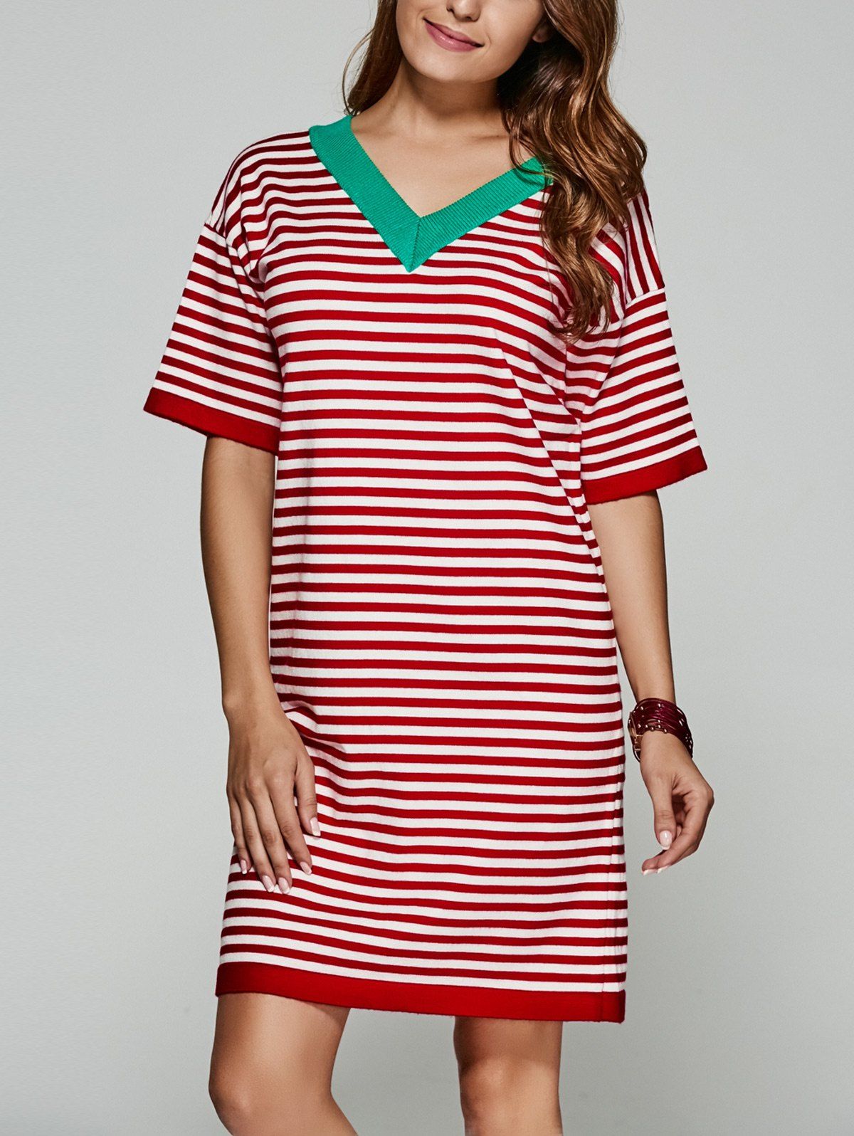

Back V Striped Knitted Dress, Red