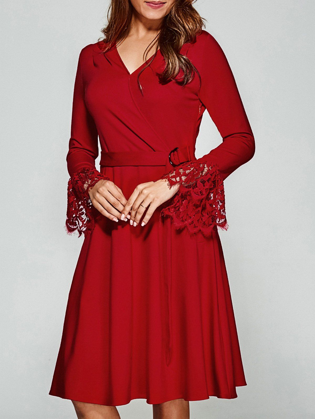 

See-Through Laciness Surplice Dress, Red