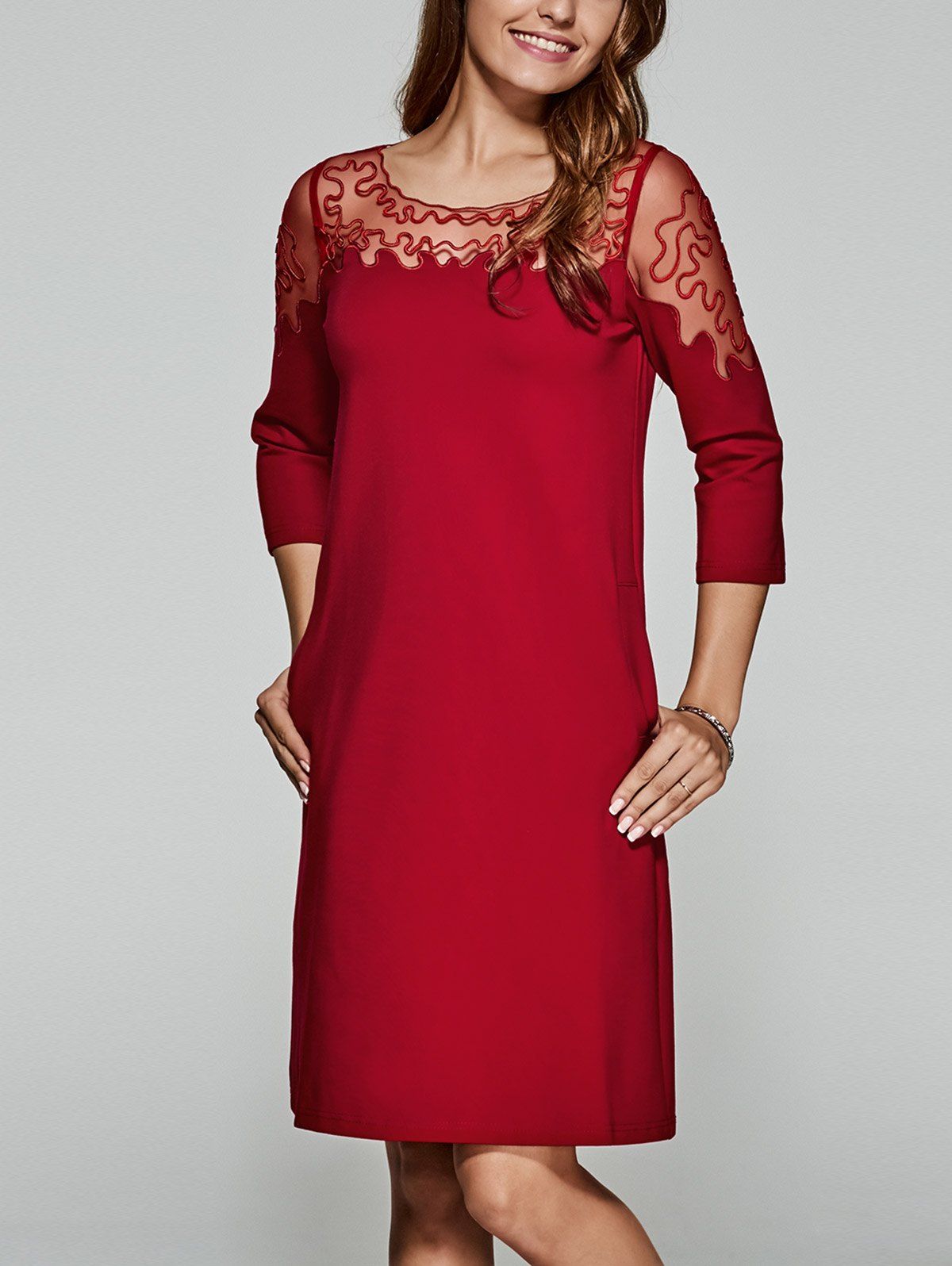 

Laciness Patchwork See-Through Dress, Red